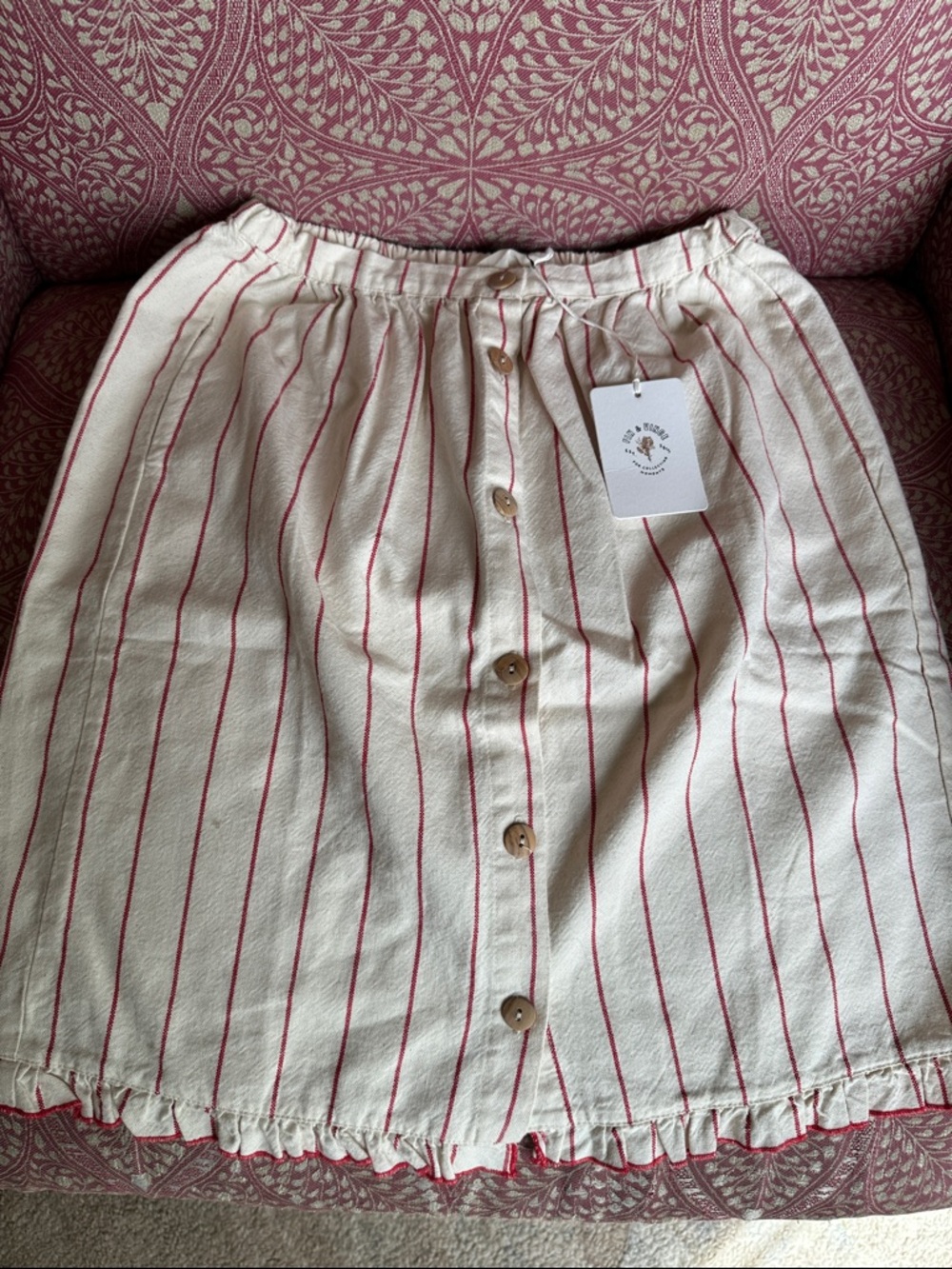 Fin & Vince midi ruffled skirt in cream with red stripe, NWT size 8/9
